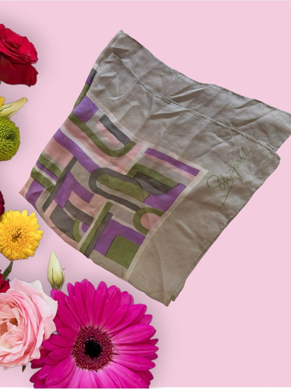Silk Geometric Print Square Scarf in Taupe, Purple & Olive